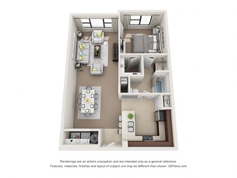 a stylized floor plan of a 1 bedroom apartment